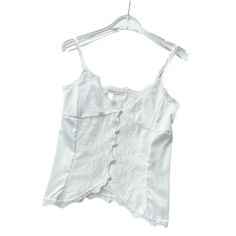 

2026 Summer New Women White Satin Camisole Lace Trim Button Design Sweet Slim Vest Elegant Fitted Casual Sleeveless Top Daily