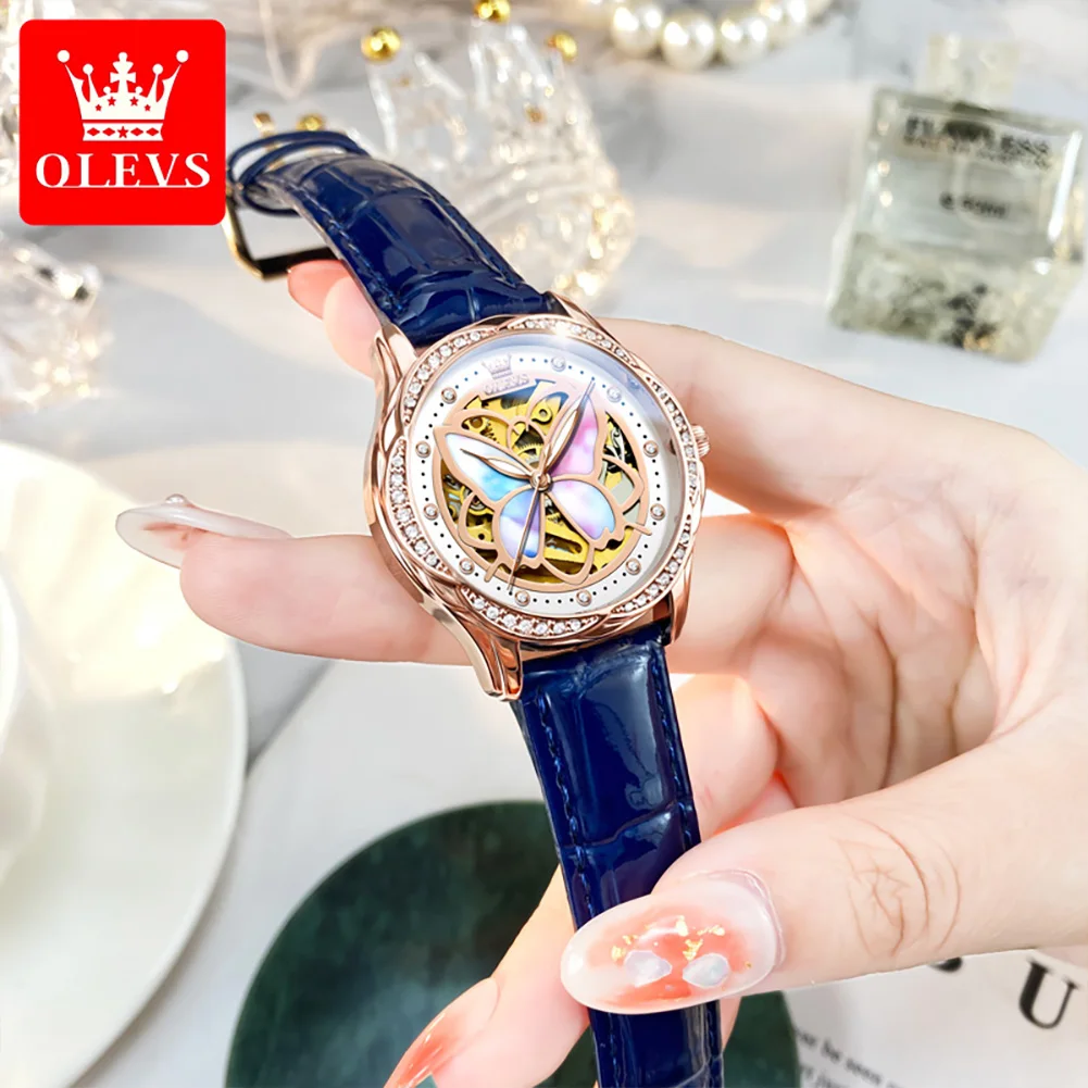 OLEVS Elegant Ladies Watches Ceramic Blue strap Original Wristwatch Skeleton Automatic Diamond Mechanical Watch for Women Set