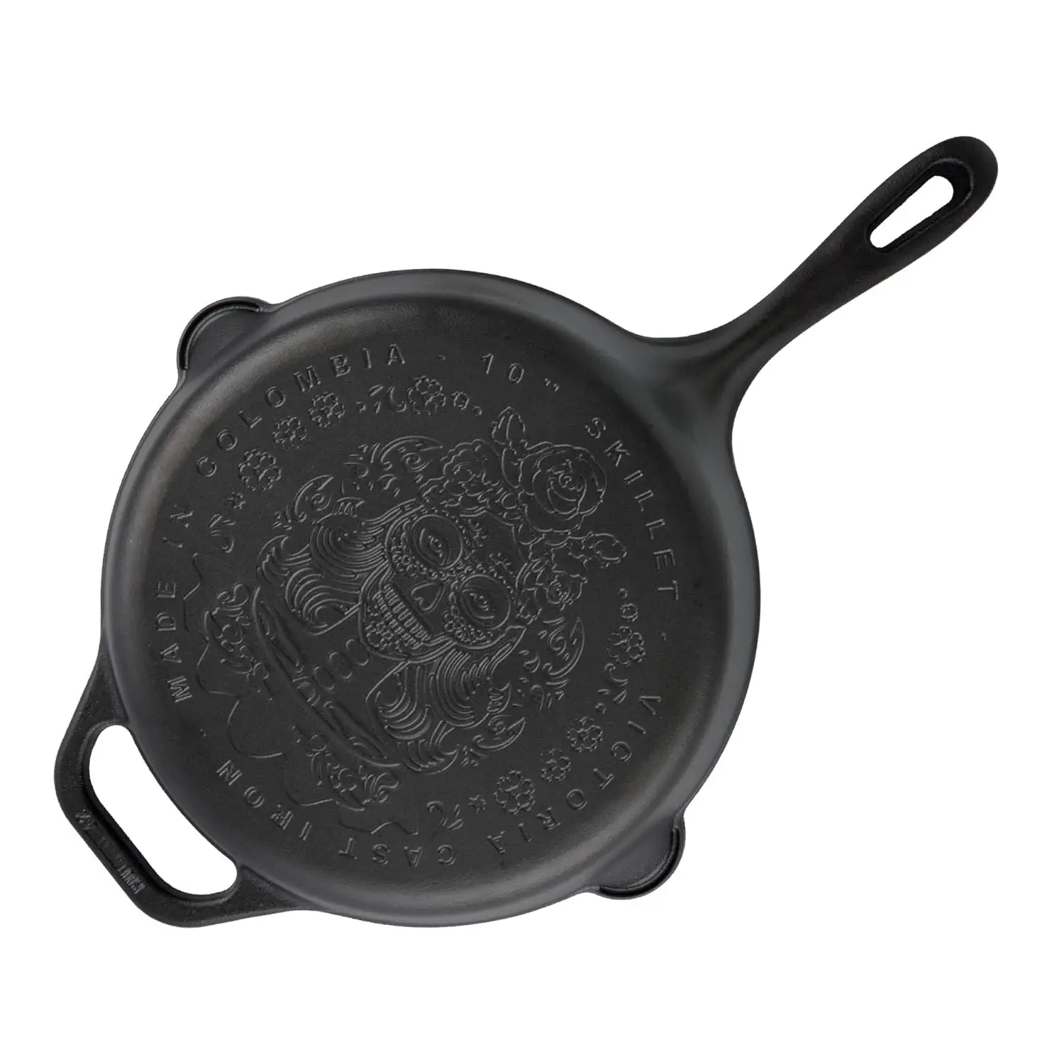 

10-Inch La Catrina Cast Iron Skillet, Dia de los Muertos Seasoned Frying Pan, Long Handle, Made in Colombia