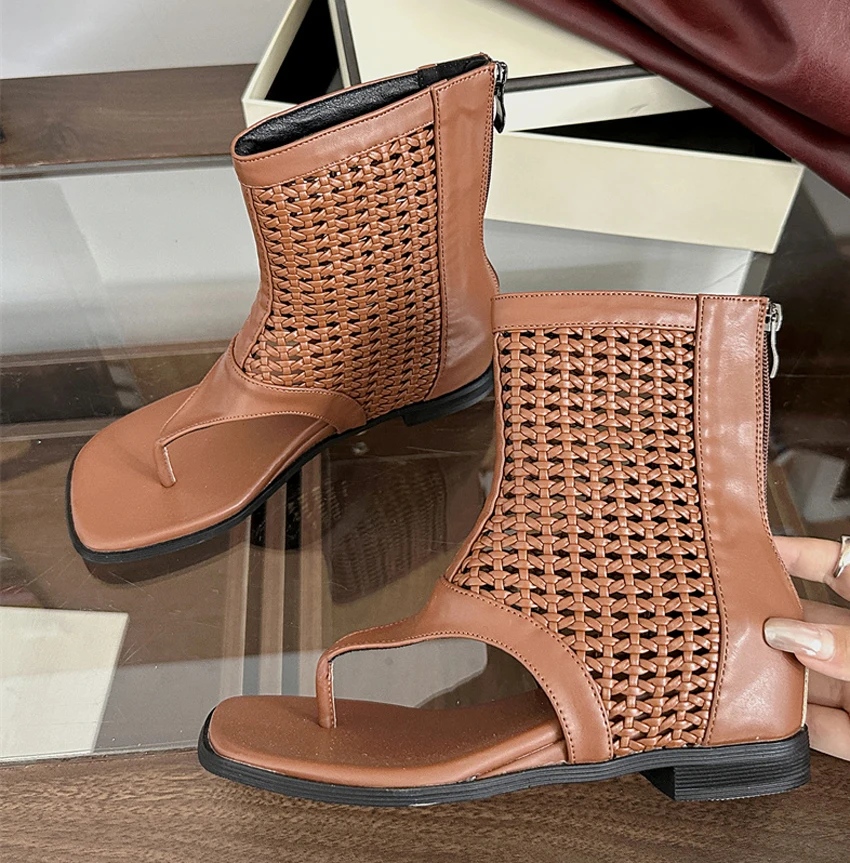 

Ботильоны-стринги с застежкой на носок, женские римские сандалии-гладиаторы, сетчатые летние ботильоны с резьбой и вырезами, уличная одежда с высоким берцем