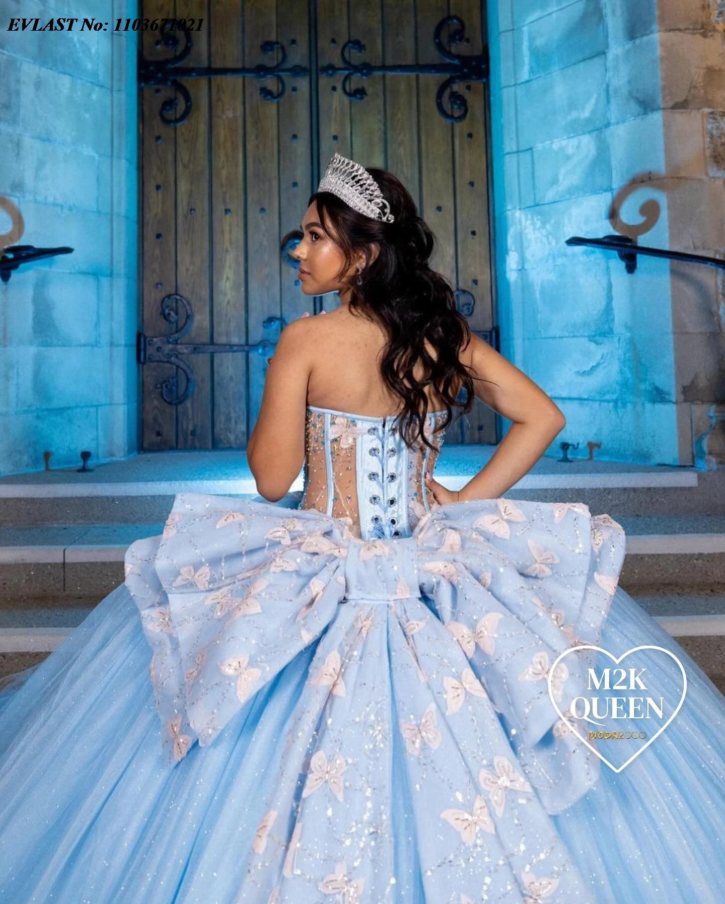 EVLAST Customized Blue Quinceanera Dress Off Shoulder Butterfly Applique Beading Bow Sweet 16 Mexican Vestidos De 15 Anos SQ425