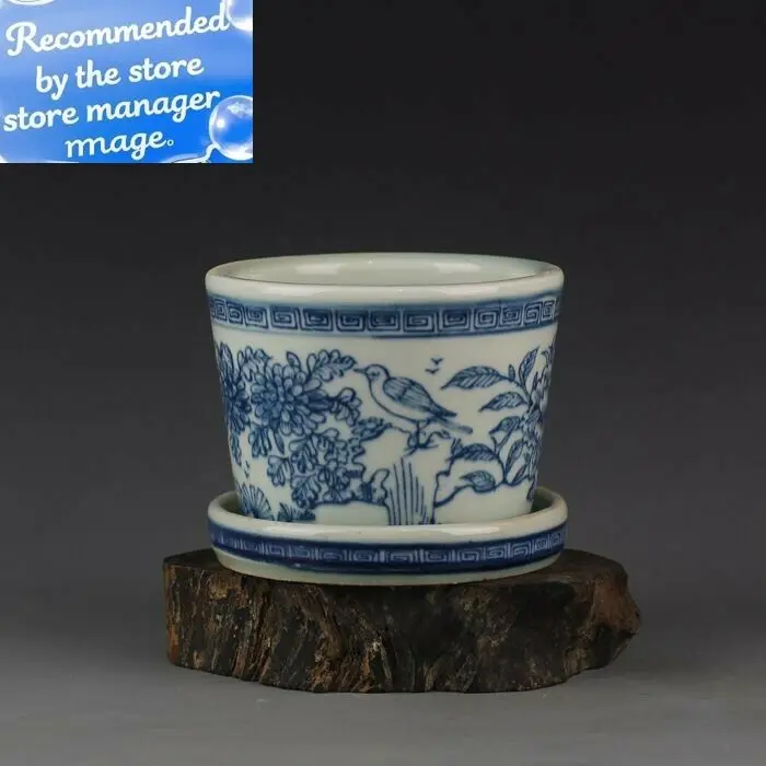 

3,9-дюймовая старая антикварная фарфоровая печь с синими и белыми цветами и птицами, цветочный горшок
