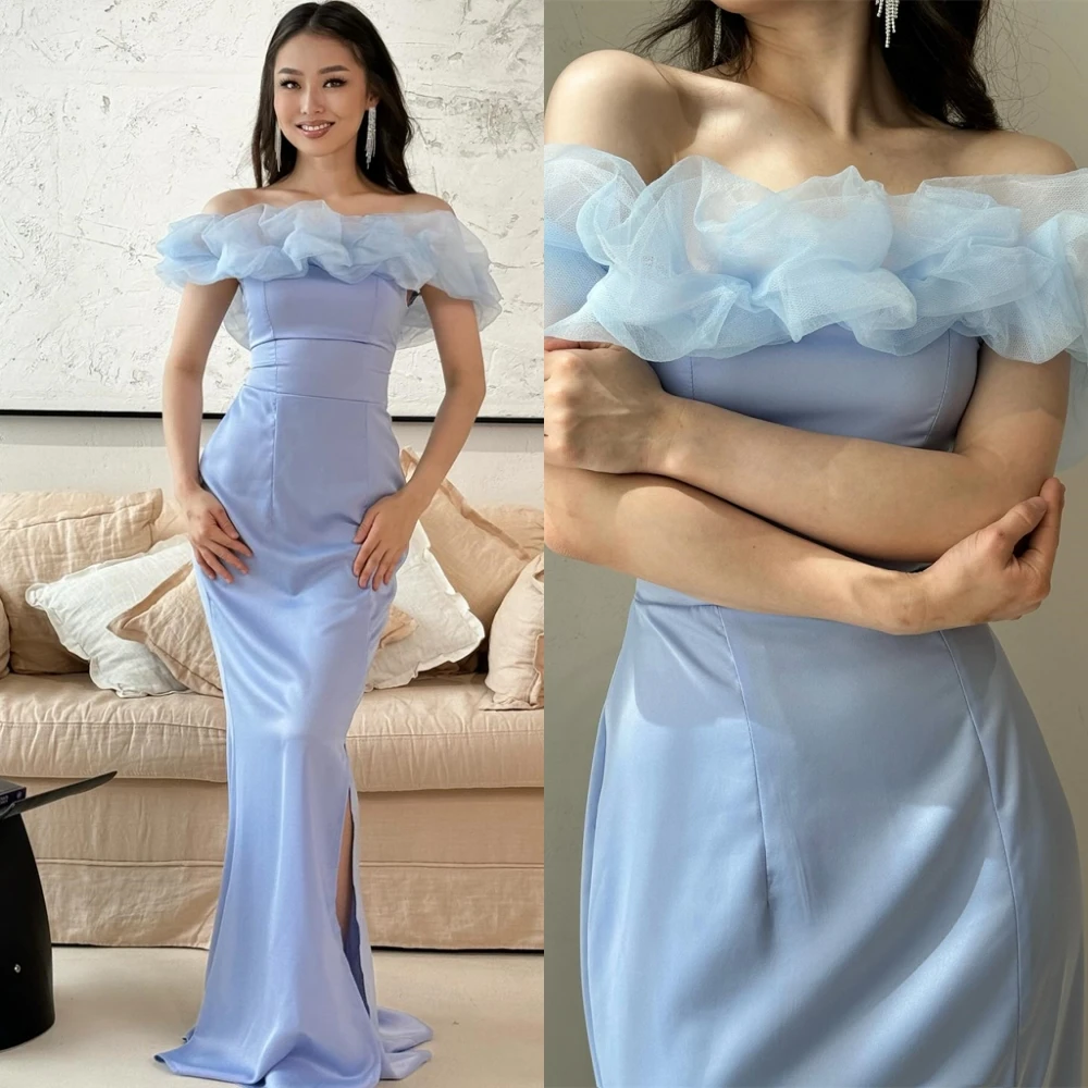 

Customized Strapless Jersey Mermaid Evening Dress Soft Puff Sleeves Party Dresses Sexy Side Slit Special Occasion Gowns