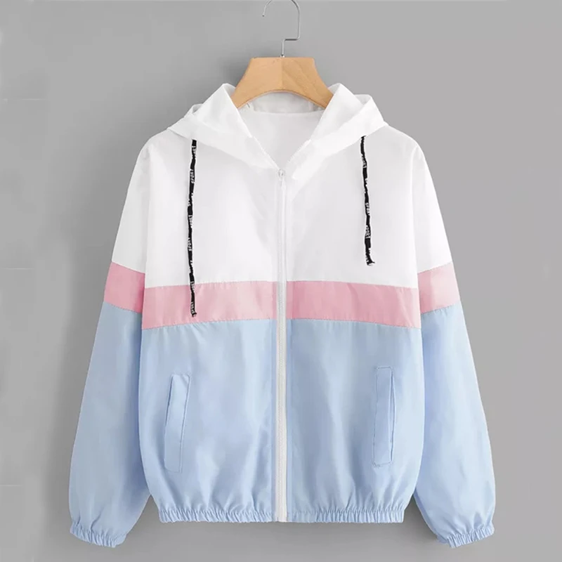Mode Mit Kapuze Windjacke Jacke Frauen Elegante Farbe Block Patchwork Zipper Bomber Jacke Herbst Mantel Lässig Oberbekleidung Regenmantel