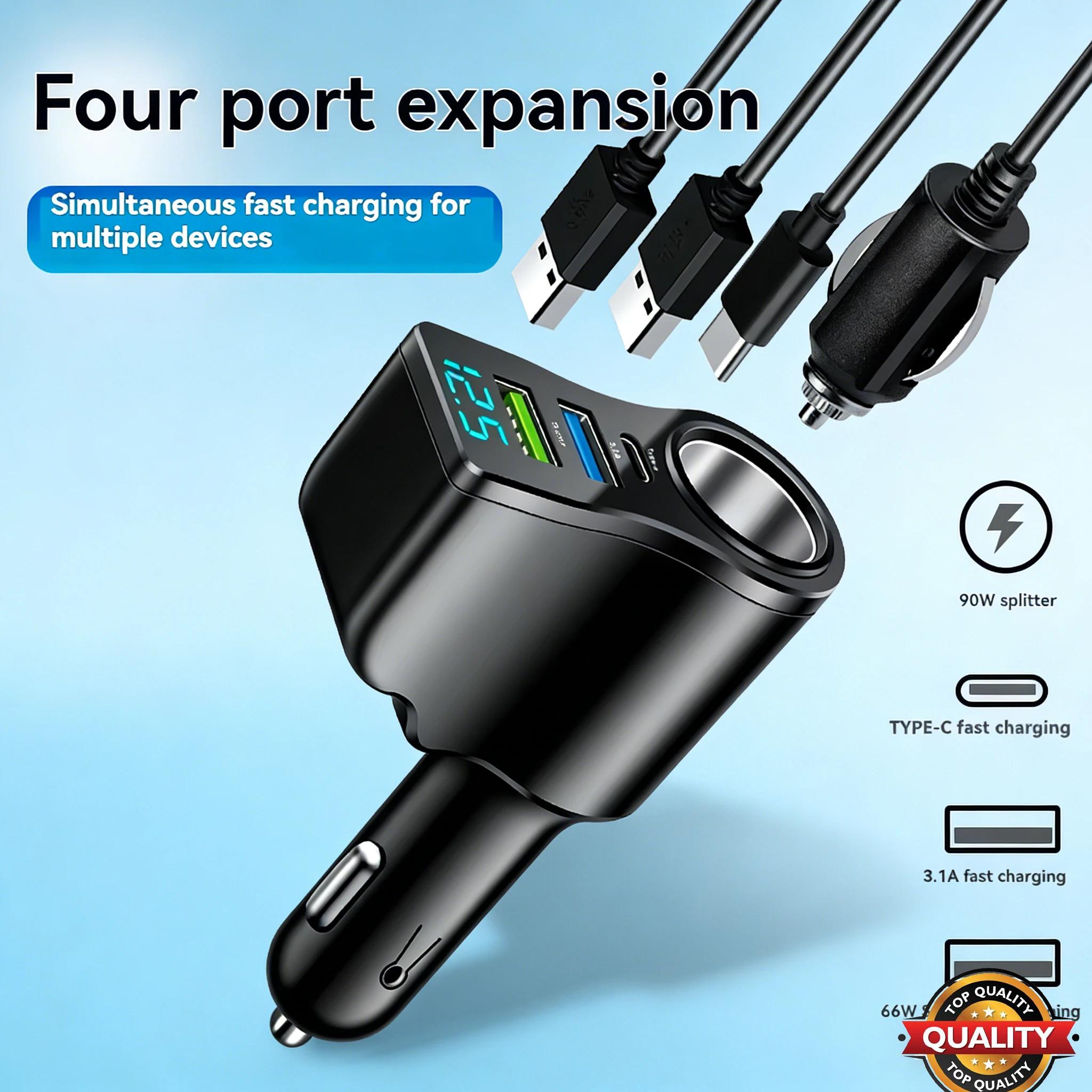 

4-In-1 Power Adapter Car digital display car fast charging dual USB car charger 12V/24V USB Type-C PD multifunctional charger