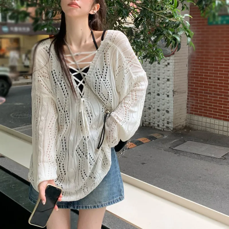 Women Hollow Out Long Sleeve Chic T-shirts V-Neck Loose Casual Beach Knit Mesh Women Y2K Tees Tops Streetwear