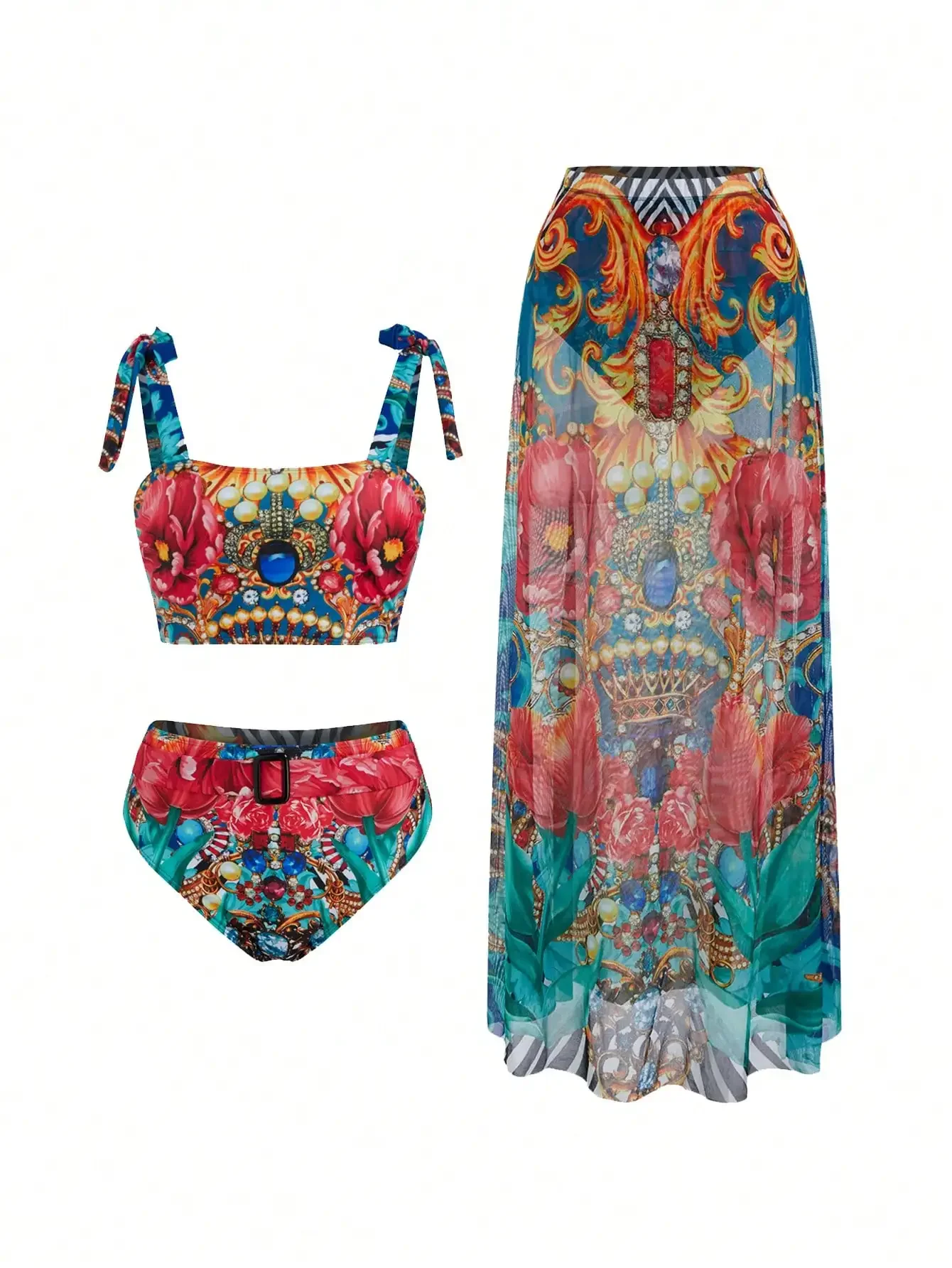

New positioning printed split swimsuit mesh skirt three piece set
