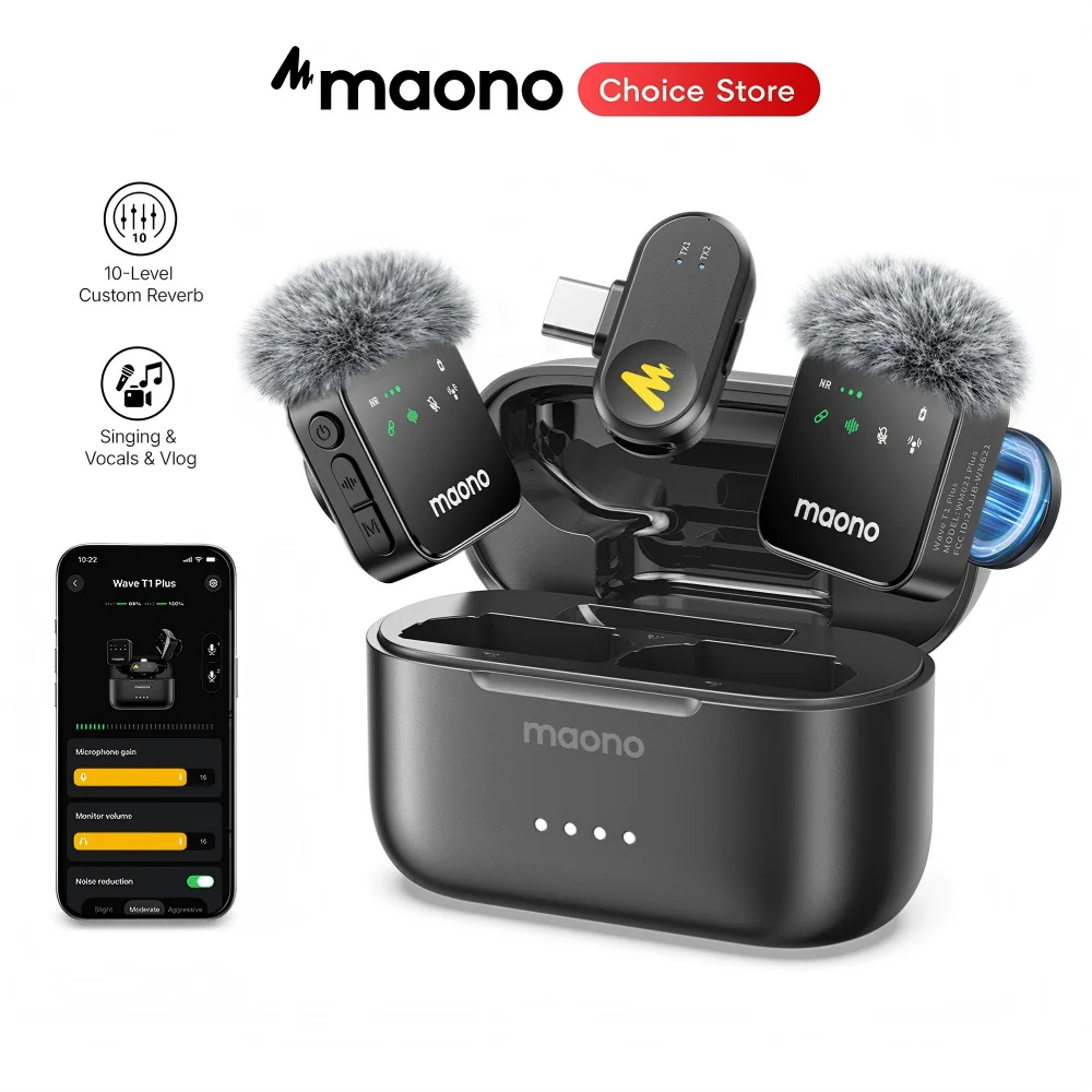 MAONO T1 Plus Wireless Lavalier Microphone Lapel Microphone for iPhone iPad Mini Mic for Video Audio Recording Podcast Vlogging