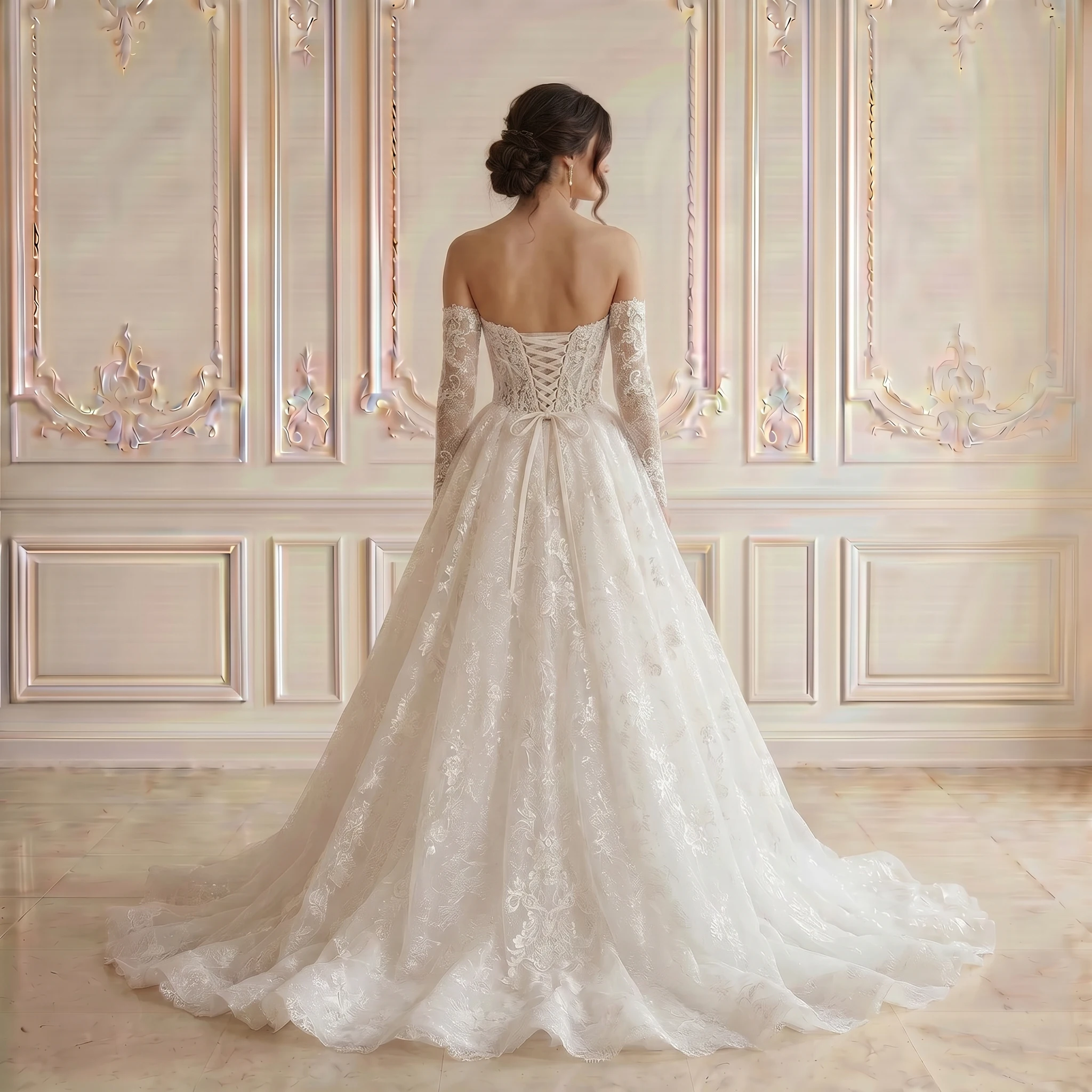 Strapless Sweetheart Off Shoulder Long Lace Sleeve A Line Wedding Dress Corset Back Floral Lace Chapel Train Bridal Gown