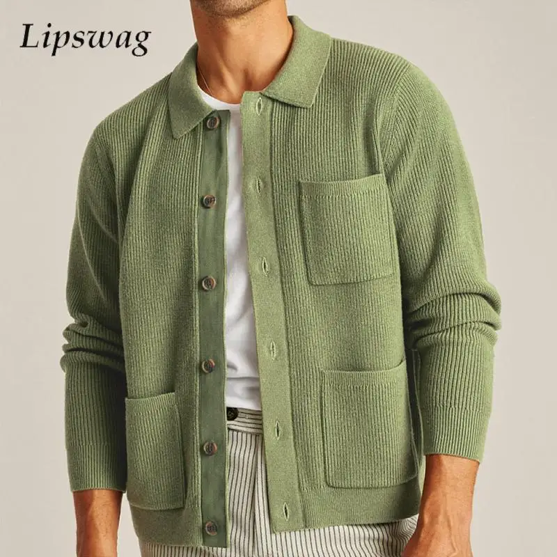 

Vintage Buttoned Lapel Sweatercoats Men Casual Solid Color Long Sleeve Knit Sweater Jackets For Mens Autumn Winter Warm Sweaters