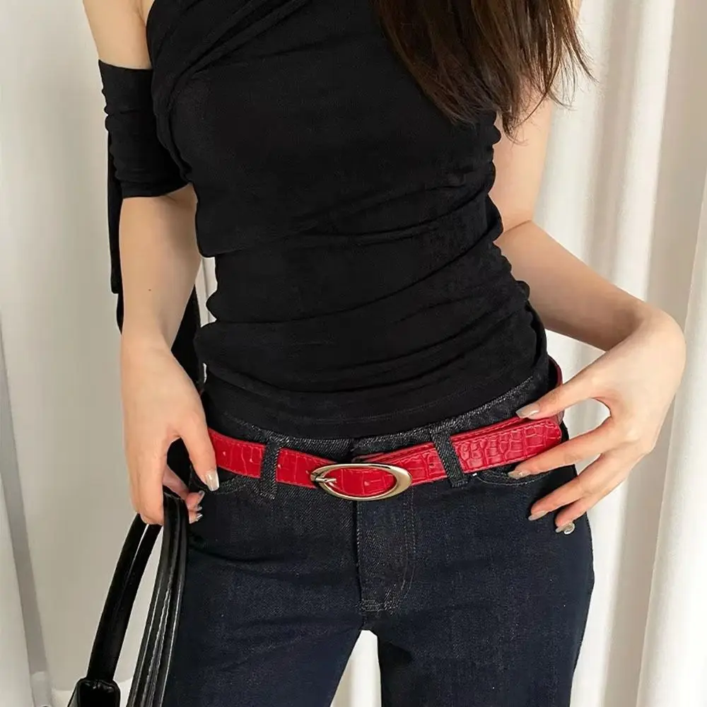 

Korean Designer Women's Belt Luxury PU Leather Lychee Pattern Waist Belt Casual Red Black Dress Jeans Belt Streetwear