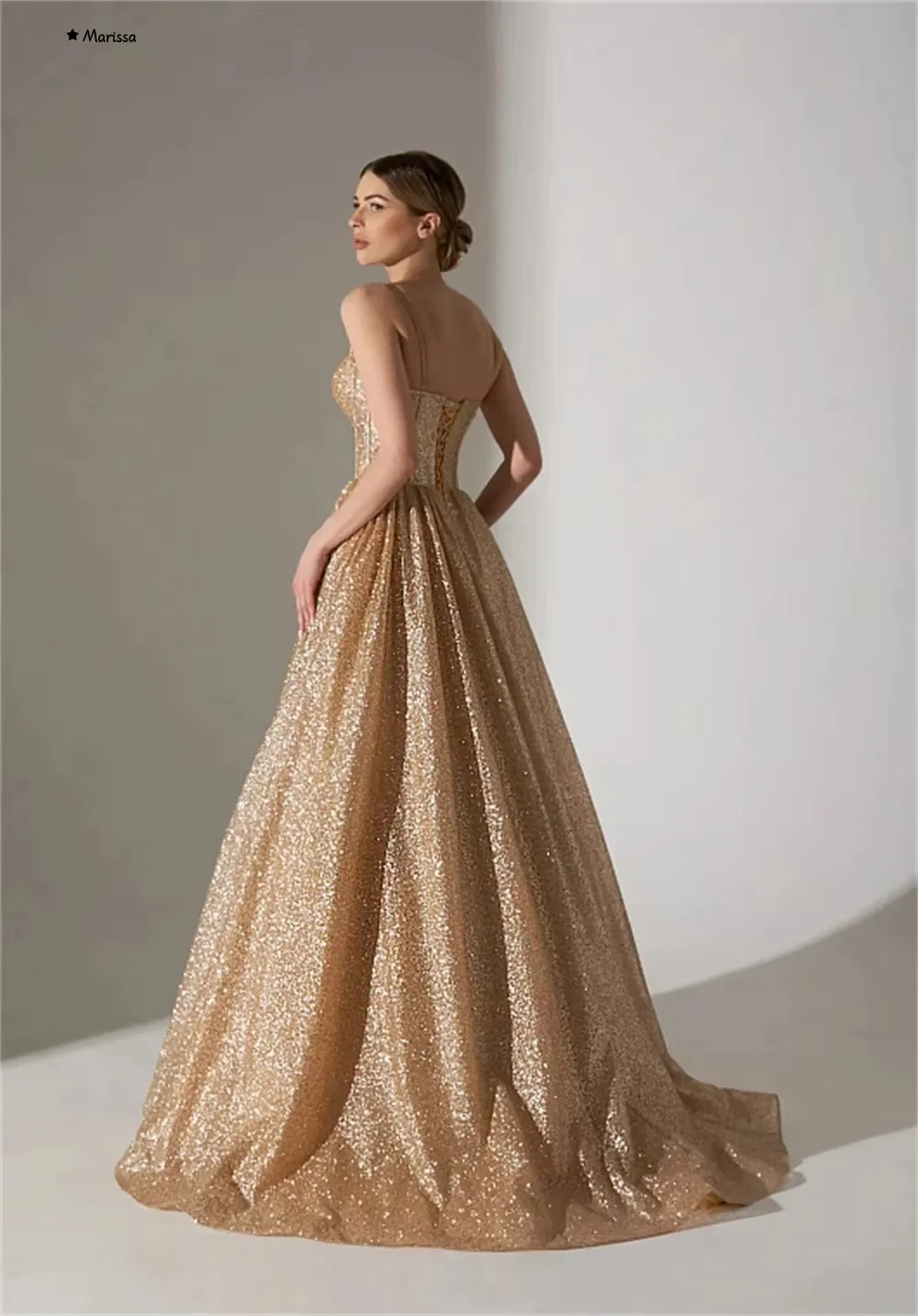 Marissa Elegant Prom Dresses 2025 A-line Sequins Golden Off-shoulder Custom Made Sleeveless Ball Gown Dresses for Luxury Party
