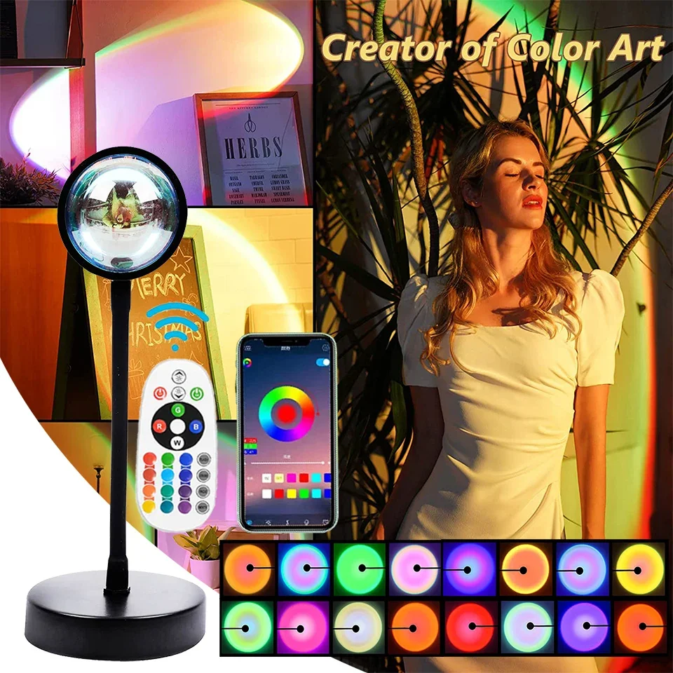 Smart App RGB Photography Sunset Lamp Led USB Projector Night Light Remote Neon Light Room Coffee Store Wall Decoration Gift 5V