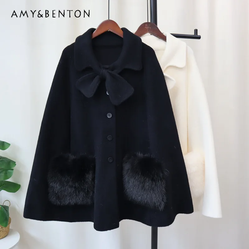 

Original Design Cute Bow Knitted Women's Double-Sided Wool Coats Cape 2025 Autumn Winter New High-End Sweater Jackets Ladies