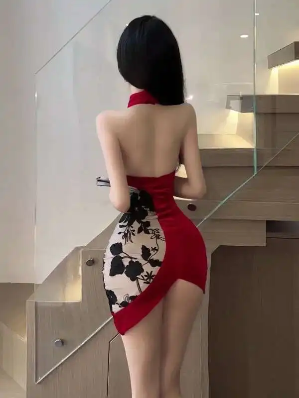 WOMENGAGA Embroidered Flowers Halter Neck Mini Dress Sexy Chinese Style Cheongsam Irregular Dress Elegant Women Fashion WB8K