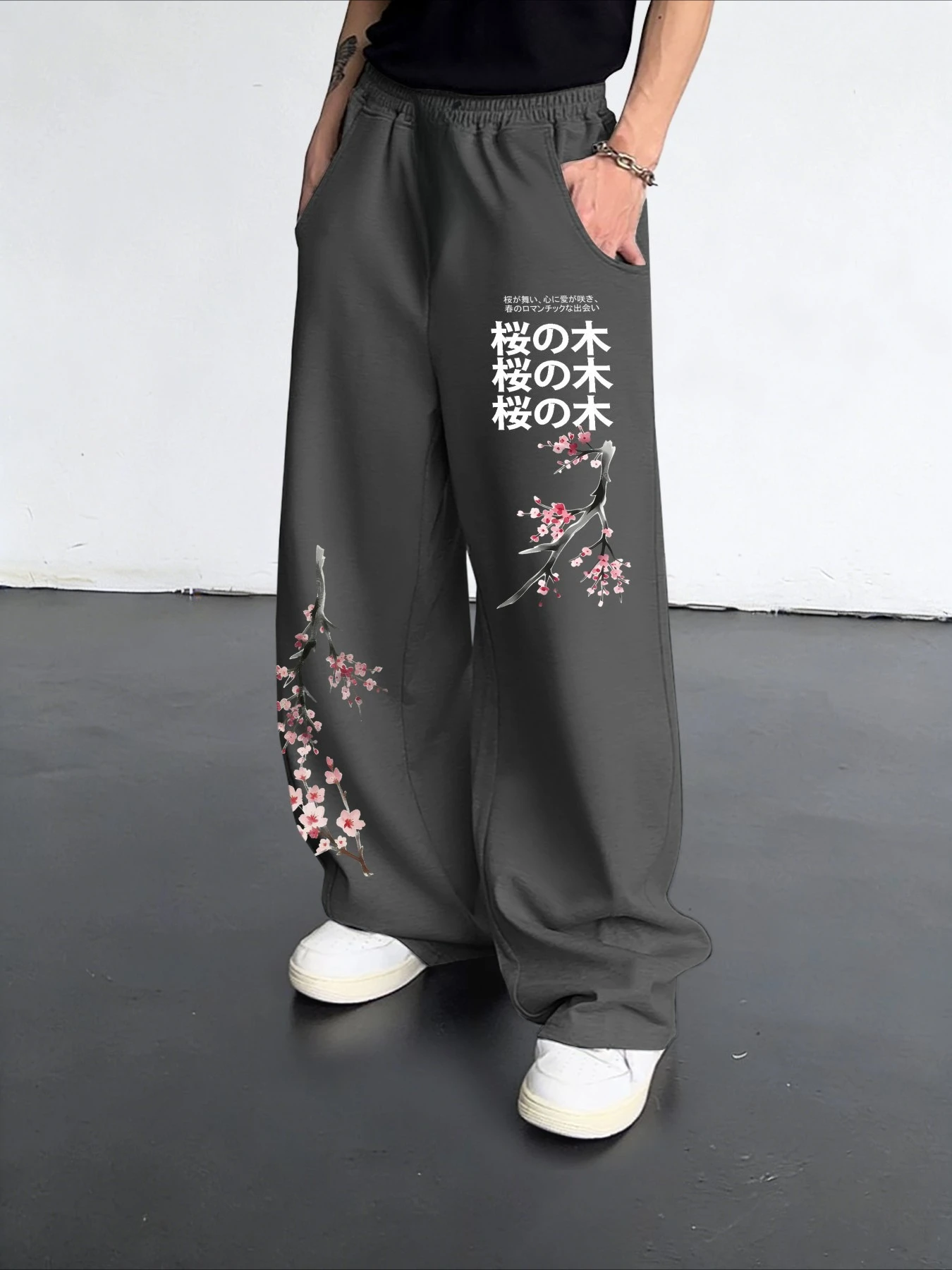 Herrenhose mit japanischem Kirschblüten-3D-Print, lässige Streetwear-Hose, lockere Damenhose im Harajuku-Stil – Detail 5