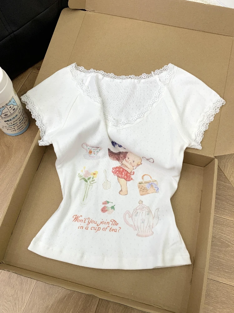 

Стильная женская футболка с коротким рукавом, летняя, с кружевной отделкой, в стиле BM, модный дизайн, корейская версия, хлопок, круглый вырез, короткий рукав.