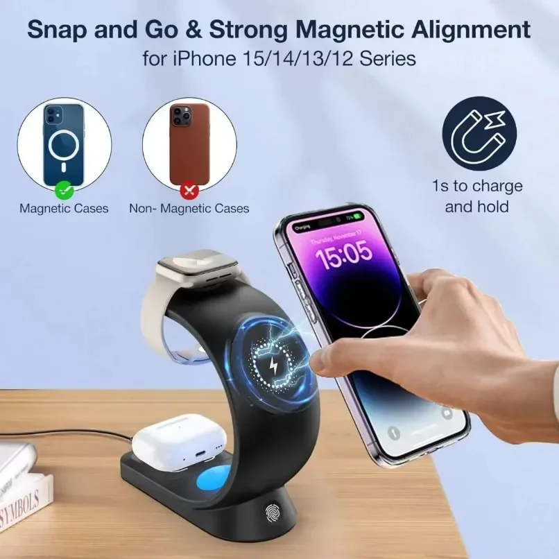 3 in 1 C Shape Magnetic Wireless Charger with RGB Ambient Light Fast Charging Stand For iPhone iWatch AirPods Desktop Use