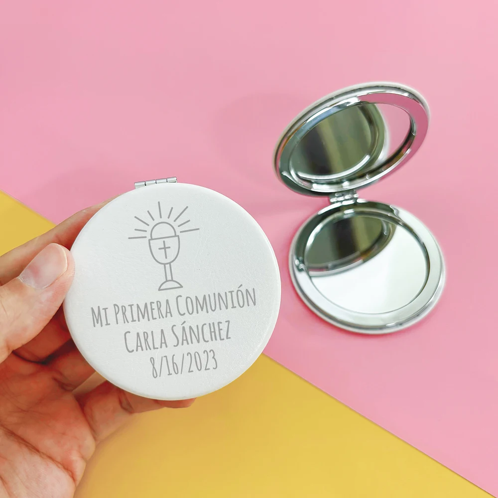 First Communion Party Favors Personalized Communion Gifts for Guests Custom White Leather Compact Mirrors