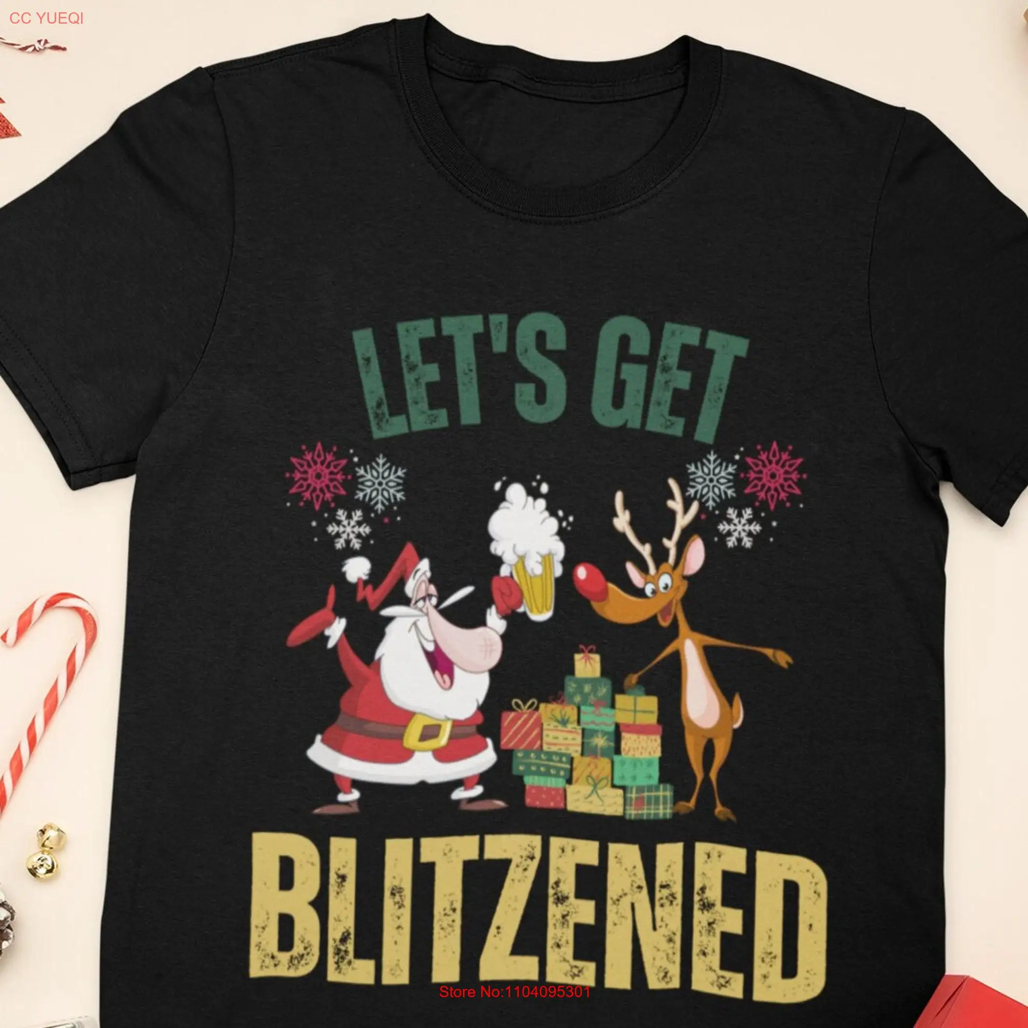 Christmas T Shirt Lets Get Blitzened Xmas Jumper Funny Santa Reindeer Humour Beer Fun for Him or Her Top