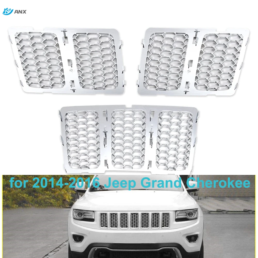 Silver Grille Inserts ABS Mesh Honeycomb Chrome Clip-on Grill Cover Trim Kit for 2014-2016 Jeep Grand Cherokee Exterior Parts