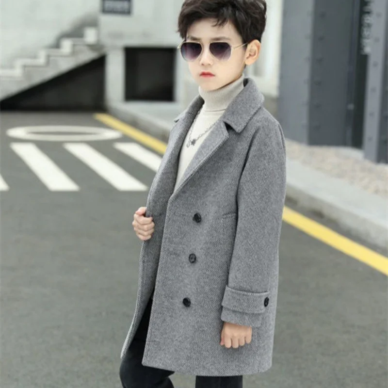 Boys Woolen Coat Overcoat Jacket Windbreak 2024 Hots Warm Plus Thicken Autumn Winter Cotton School Children\'s Clothing