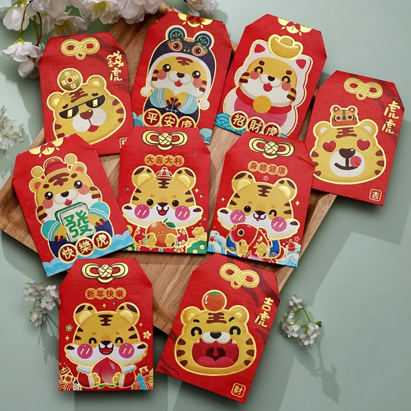 Sobres Rojos chinos de 9 piezas, paquete de dinero de la suerte del Año del Tigre, Hong Bao para suministros de cumpleaños y Festival de Primavera