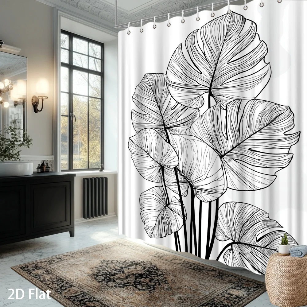 

Monstera Leaf Shower Curtain – Black & White Line Art, 2D Flat Print, Waterproof Polyester, 70×70", 12 Hooks