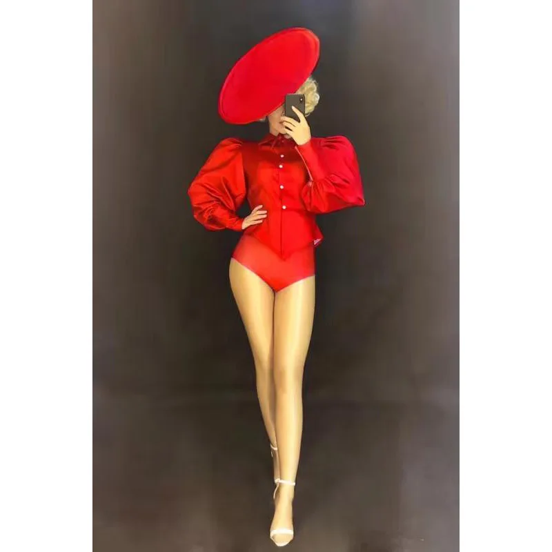 Sexy Bodysuit Big Hat Womens Nightclub Costume Teams Catwalk Stage Birthday Party Wear Bar Jazz DJ Pole Dancing Jumpsuit Female
