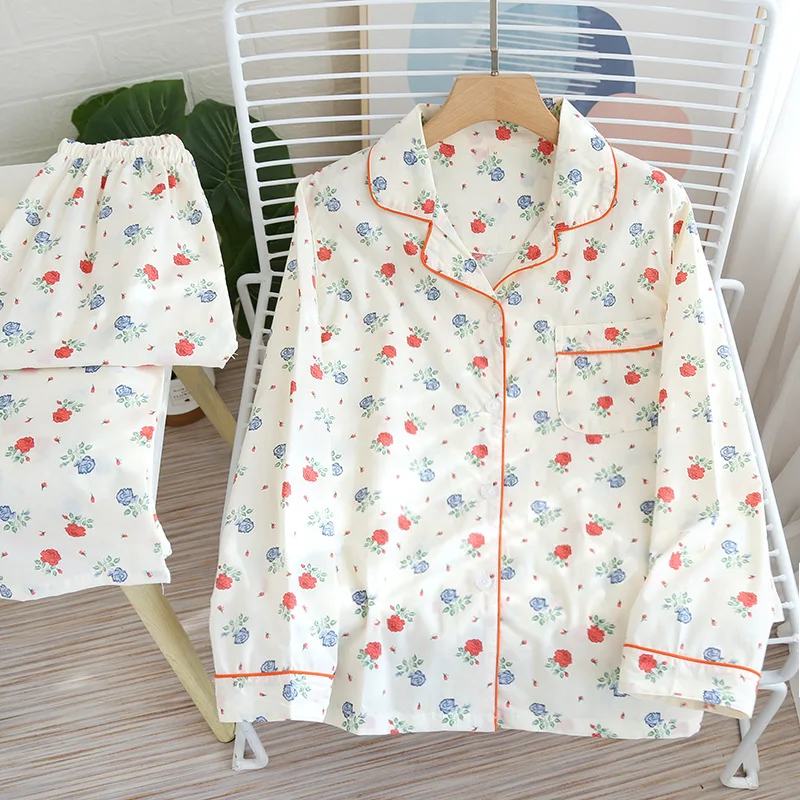 

2022 Long Sleeve 100% Cotton Pajamas for Women Floral Full Length Pijamas Two-piece Suit Spring Home Service Sexy Sleepwear