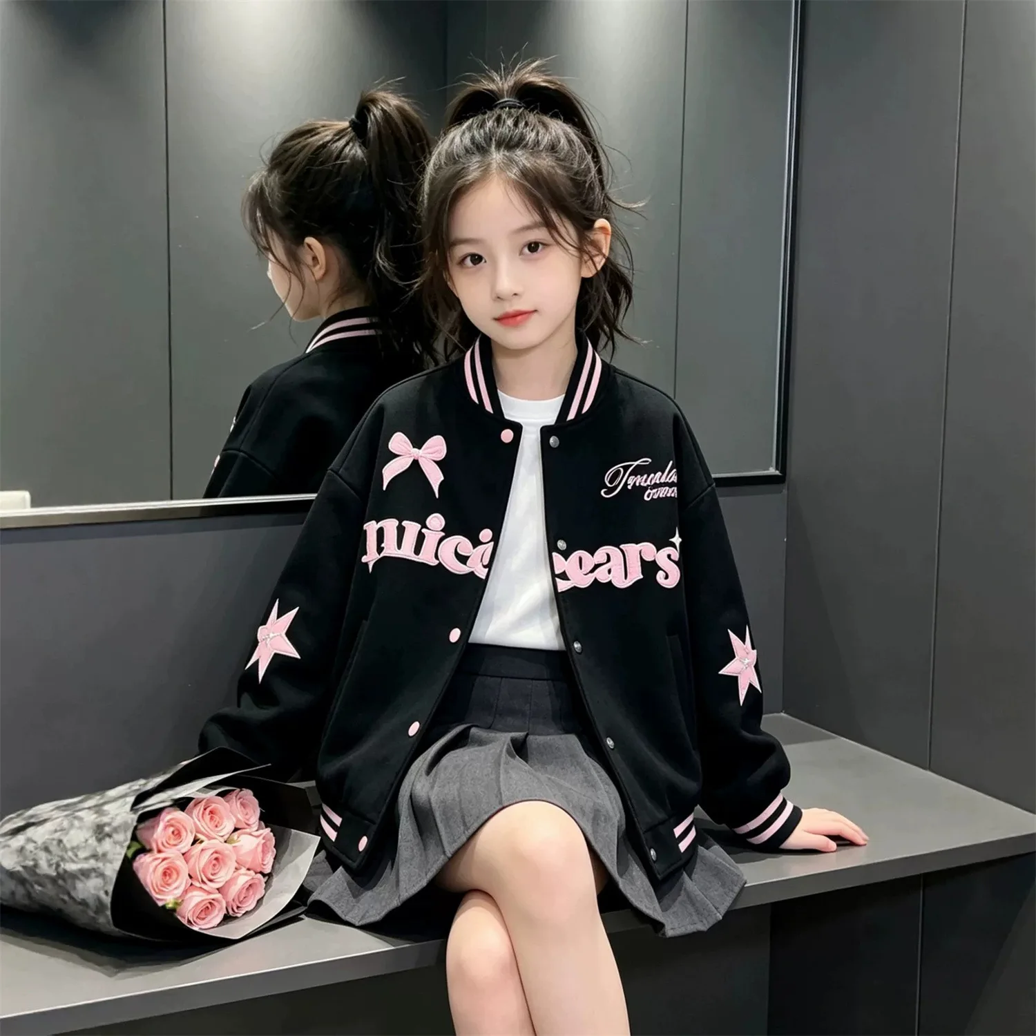 2026 Girls Baseball Jacket Fall New Medium Large Bow Knot Letter Jacket Trendy Student Wear Fall Top