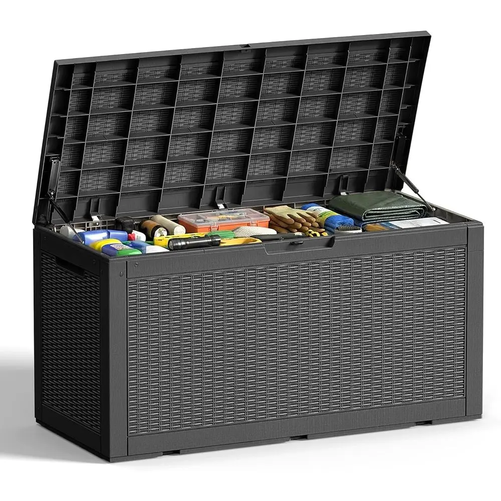 

100 Gallon Resin Deck Box for Outdoor Storage with Lockable Lid, Hydraulic Struts, Rattan Style - Ideal for Patio, Yard, and Gar