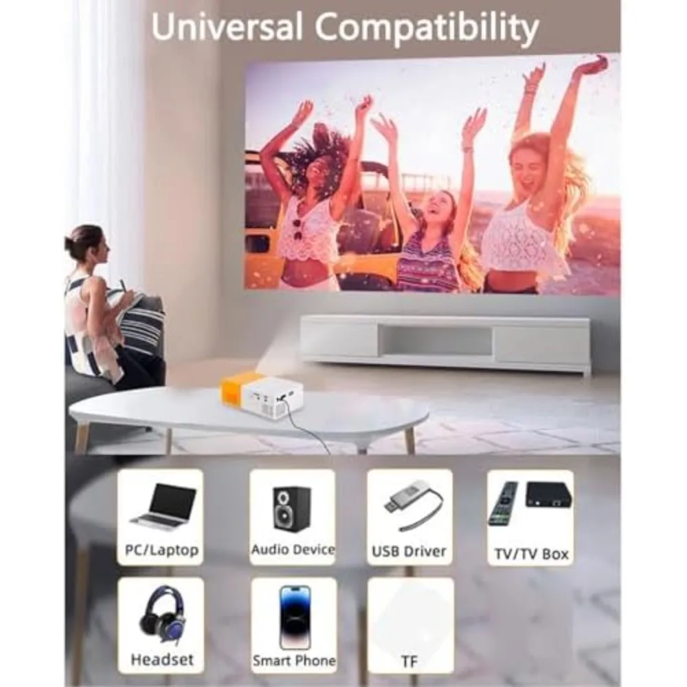 Mini Projector, Video Projector, Portable Outdoor Home Theater Movie Projector, Compatible with HDMI, USB, AV