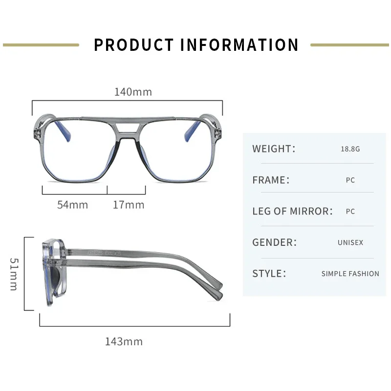 Retro Tide Glasses Optical Spectacle Transparent Computer Glasses Fashion Large Frame Double Beam Anti-blue Light Glasses