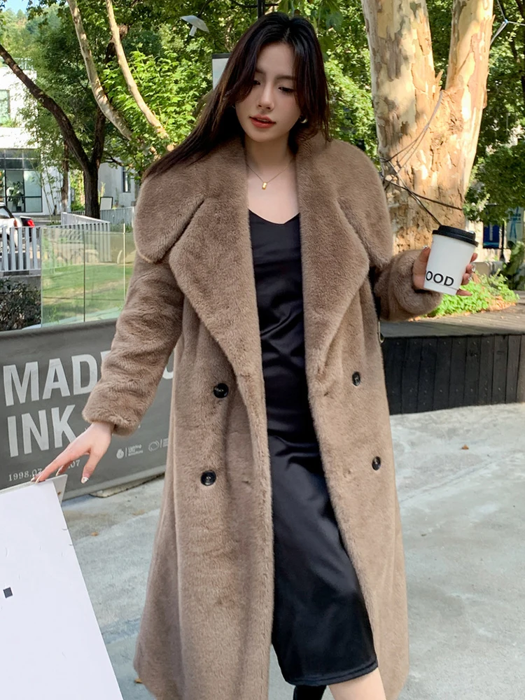 DEAT Fashion Imitation Mink Coat Women's Lapel Loose Purple Full Sleeves Plush Long Faux Fur Jacket Winter 2024 New 7AB6365