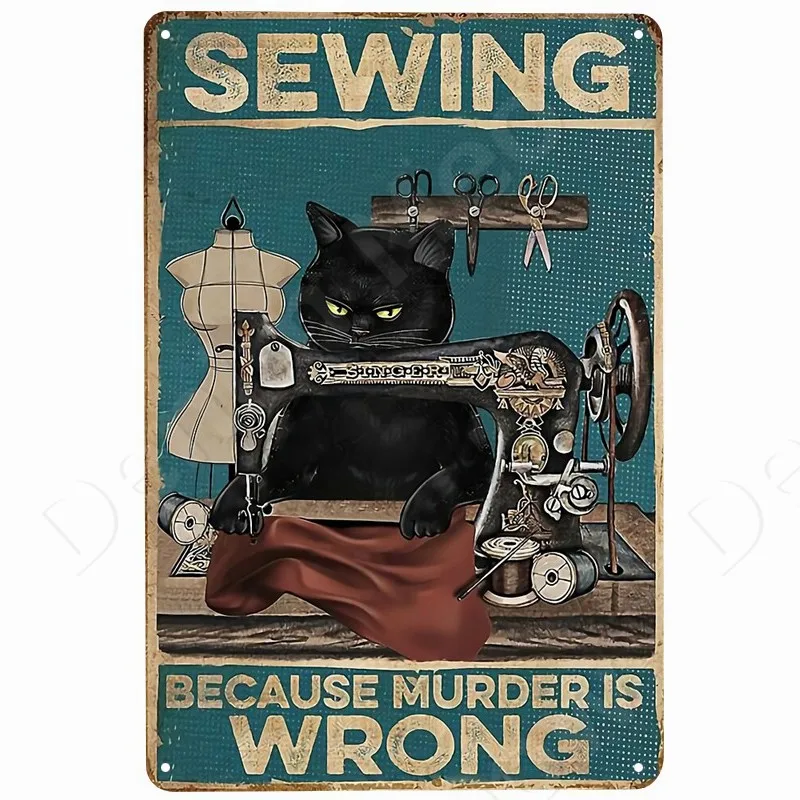 Vintage Tin Signs for Home Garden Decor, Sewing If Murder Is Wrong, Cat and Wine Metal Sign, Funny Cat Signs, Lovers Gift view 5