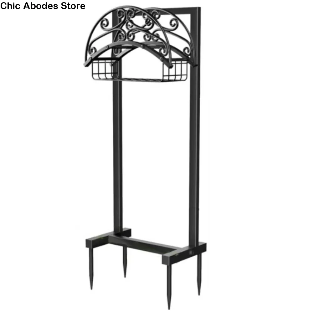 Vintage Garden Hose Rack Ground Insert with Storage Basket Water Hose Hanger Vertical Iron Art Hose Storage Holder