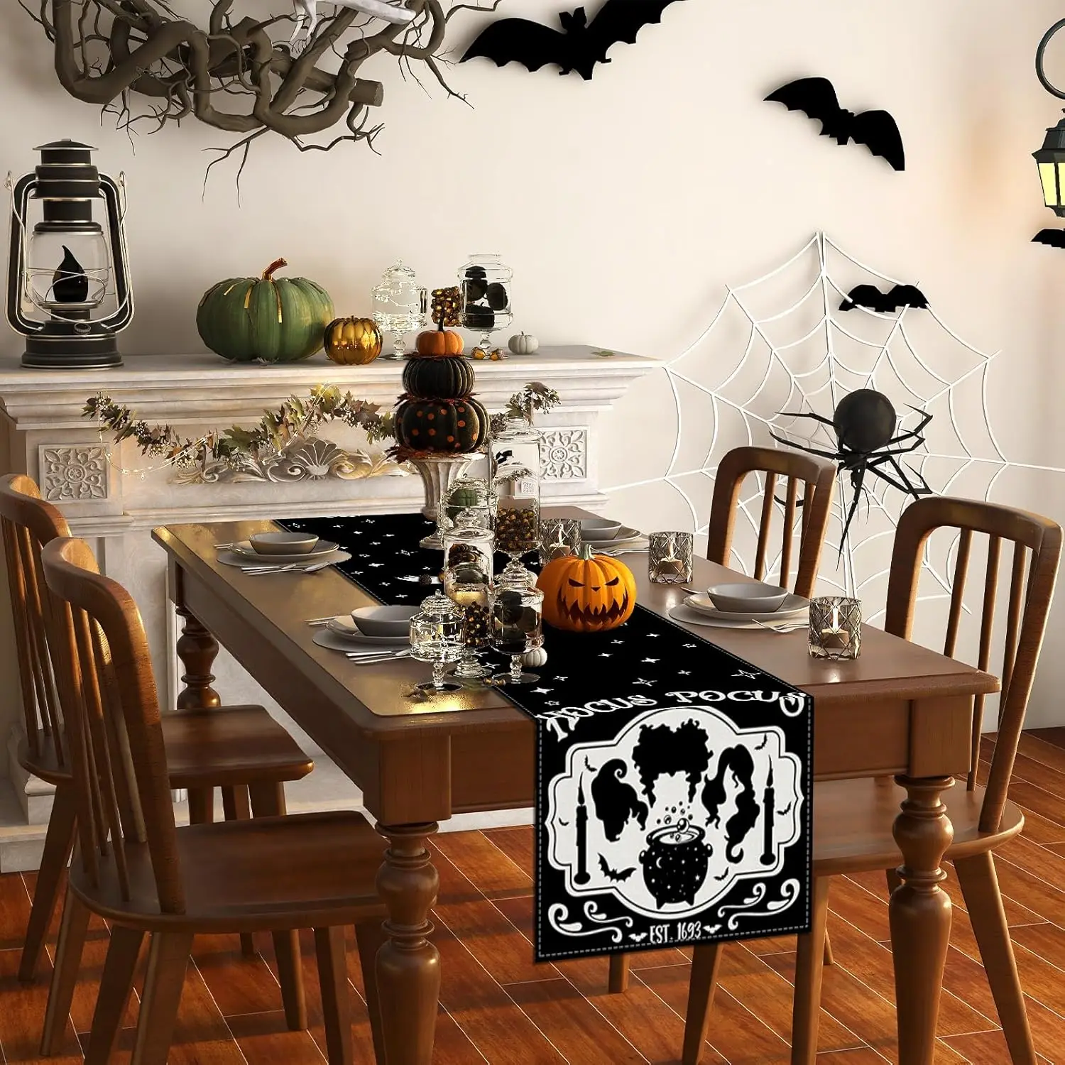 Halloween Hocus Pocus Black Linen Table Runner Sanderson Sisters Amuck Decor Kitchen Dining Table Deocor Halloween Decorations