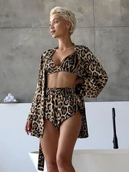 Mathaqiqi Leopard Print Women Pajamas 3 Piece Suit Tank Tops Sleepwear Long Sleeve Pyjamas V-Neck Nightwear Shorts Nightwear Set