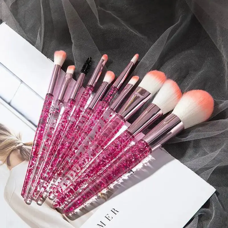 Conjunto de pincéis de maquiagem com alça de glitter elegante, 10 peças, mistura facial profissional, blush, sombra, delineador, pincéis cosméticos labiais