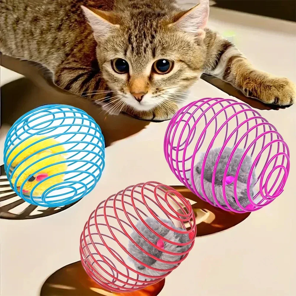 10-1Pcs Cat Toy Balls Spring Plush Mouse in Cage Within Sand Interactive Dog Cat Mouse Toy Colorful Home Pet Accessories