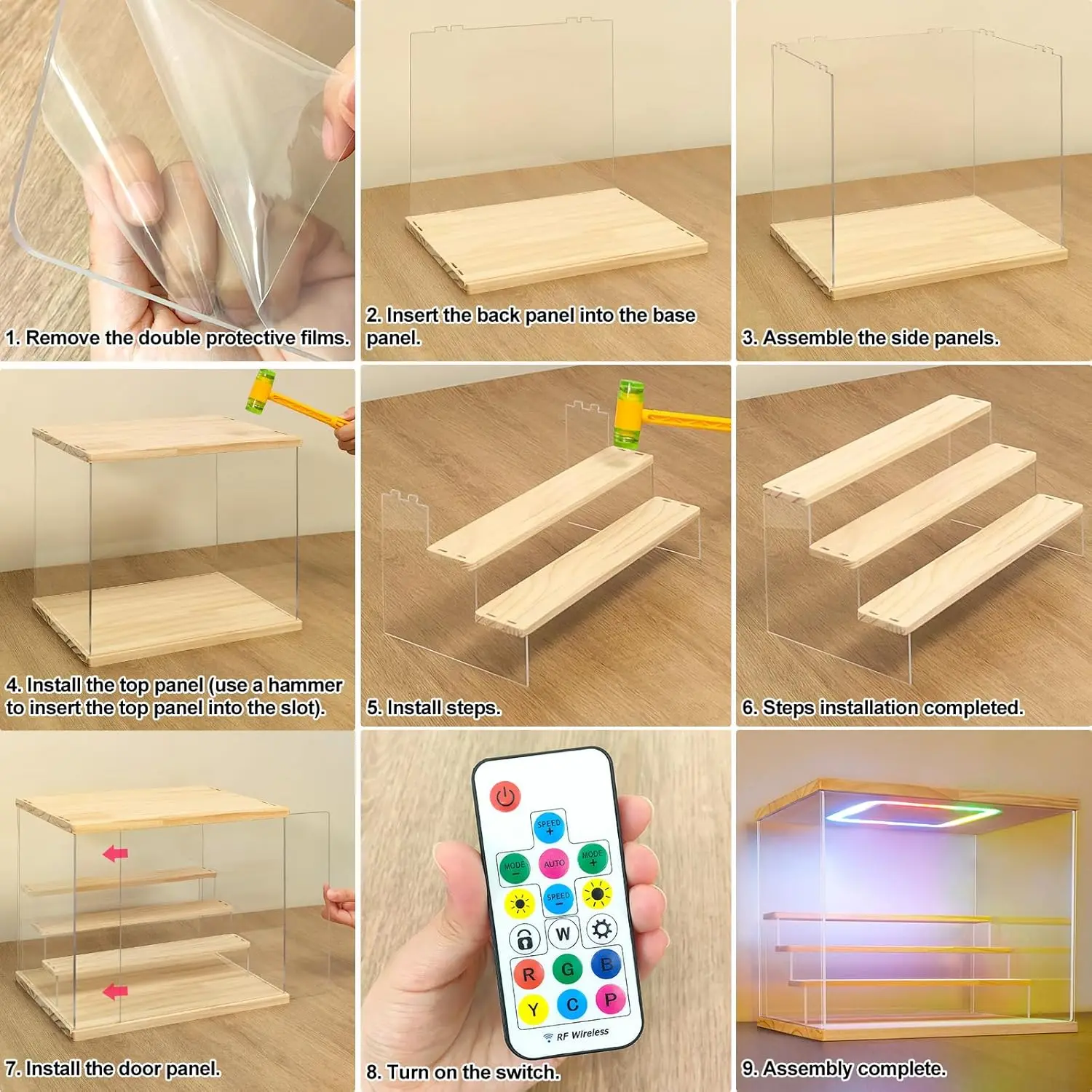 Clear Acrylic Display Case with Light ,3/4/5/6 Tier Multiple Color Lights via Remote Control Dustproof Display Box for Collectib