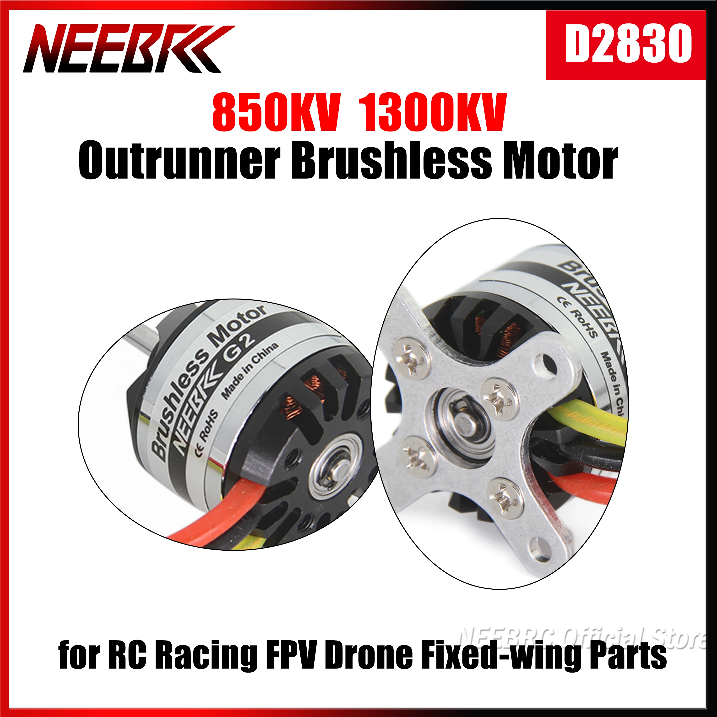 

NEEBRC D2830 850KV 1300KV Outrunner Brushless Motor 2-4S Lipo for RC Racing FPV Drone Fixed-wing Multicopter Airplane Plane Part