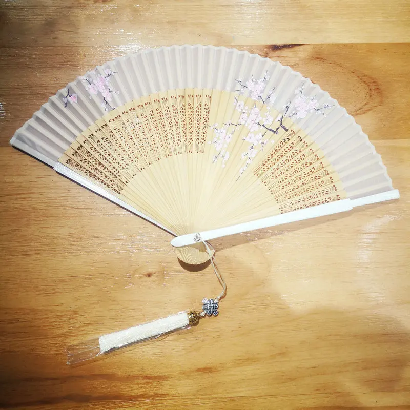 Chinese Style Pink Bamboo Fold Fan With Peach Blossom Pattern & Tassels Folding Fans Qipao Costume Accessories Aesthetic Goods