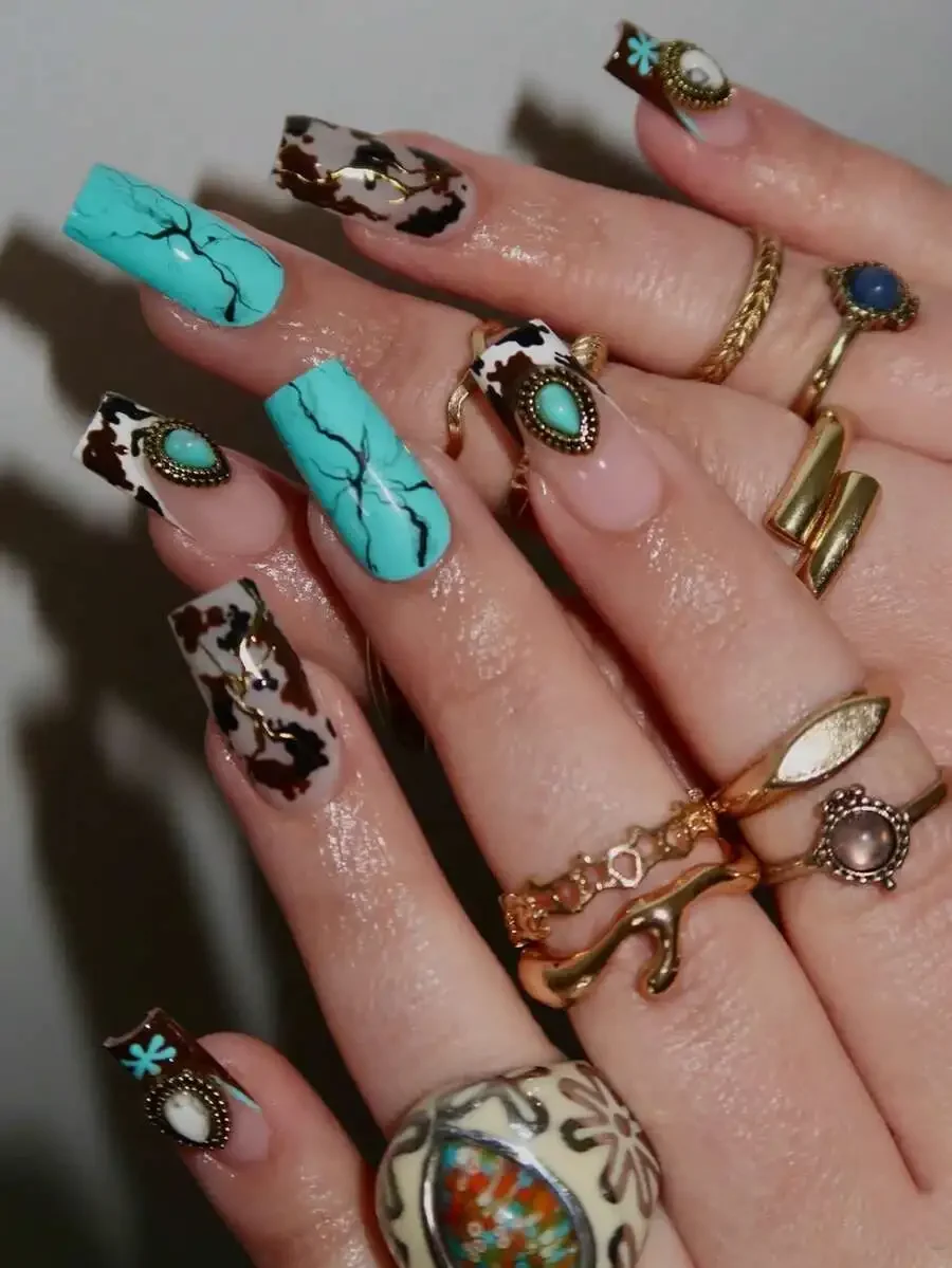 

Square false nails gift box cowboy style manicure milk pattern turquoise blue retro diamond design jelly glue included