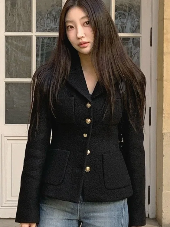 

Ele Bla шерстяное пальто женское шикарное ретро-костюм для похудения с застежкой талии, топ китайского бренда для поездок на работу Sle