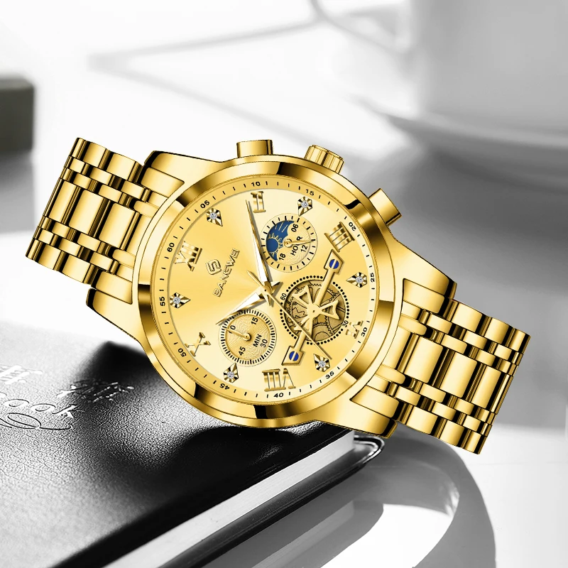 New LIGE Fashion Luxury Quartz Watches Male Classic Simple Dial Moon Phase Clock Stainless Steel Band Man Watch Reloj Hombre+Box