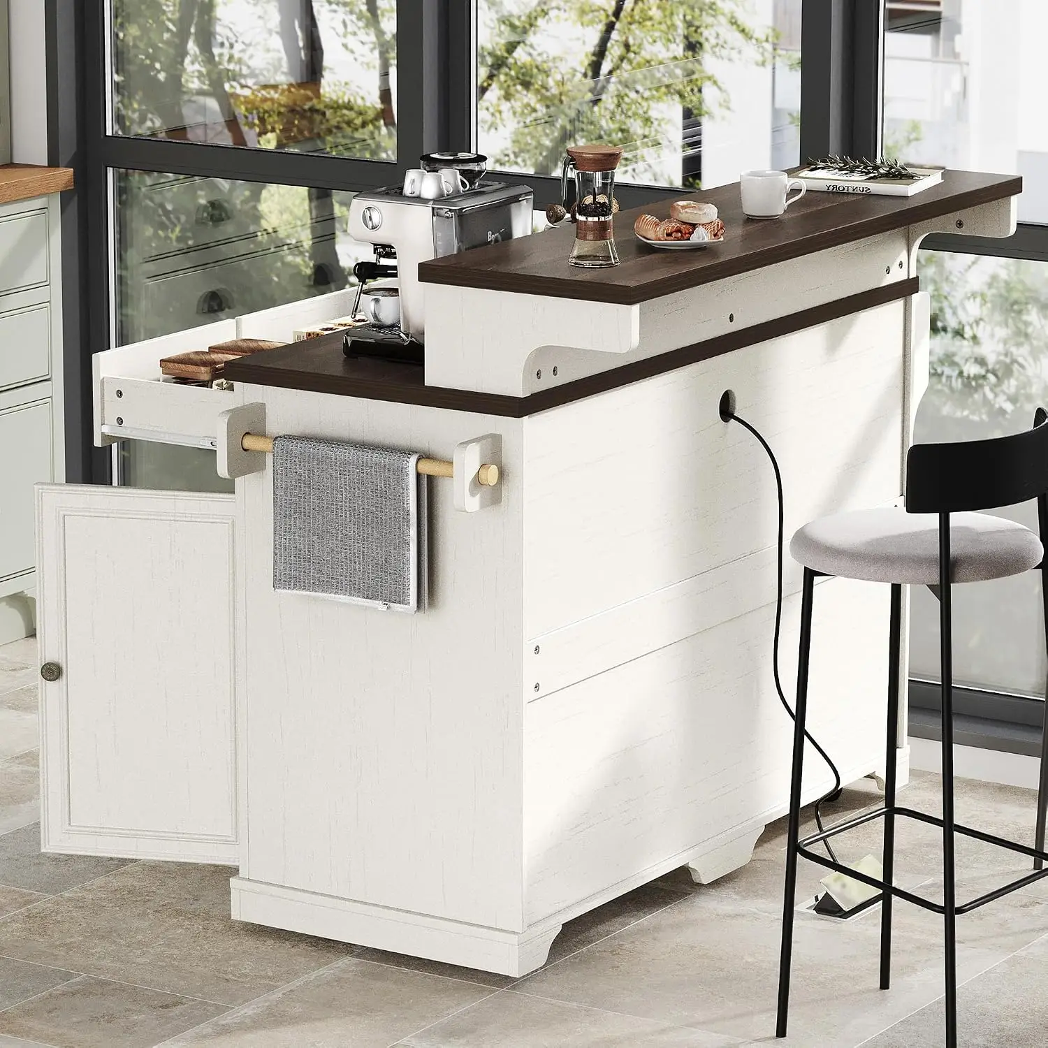 53.2" Farmhouse Kitchen Island Cart with Two-Tier Storage & Power Outlet, Customized