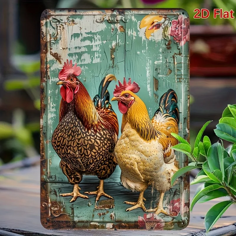 2D Flat, 1pc Vintage Chicken Metal Tin Sign - Rust-Proof Iron Farmhouse Wall Art with Poultry,  Retro Chicken Coop Decor