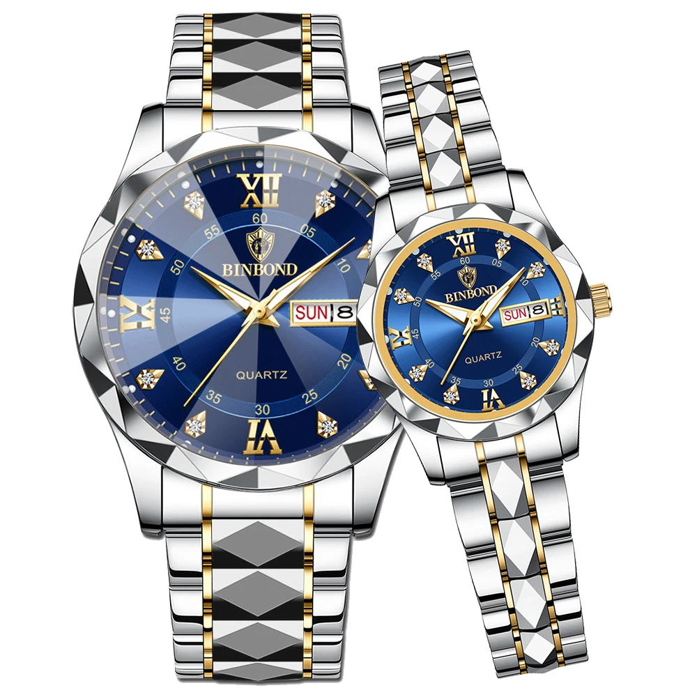 BINBOND Luxury Couple Watches Fashion Rhombus Mirror His and Her Watch Waterproof Luminous Date Week Original Quartz Wristwatch